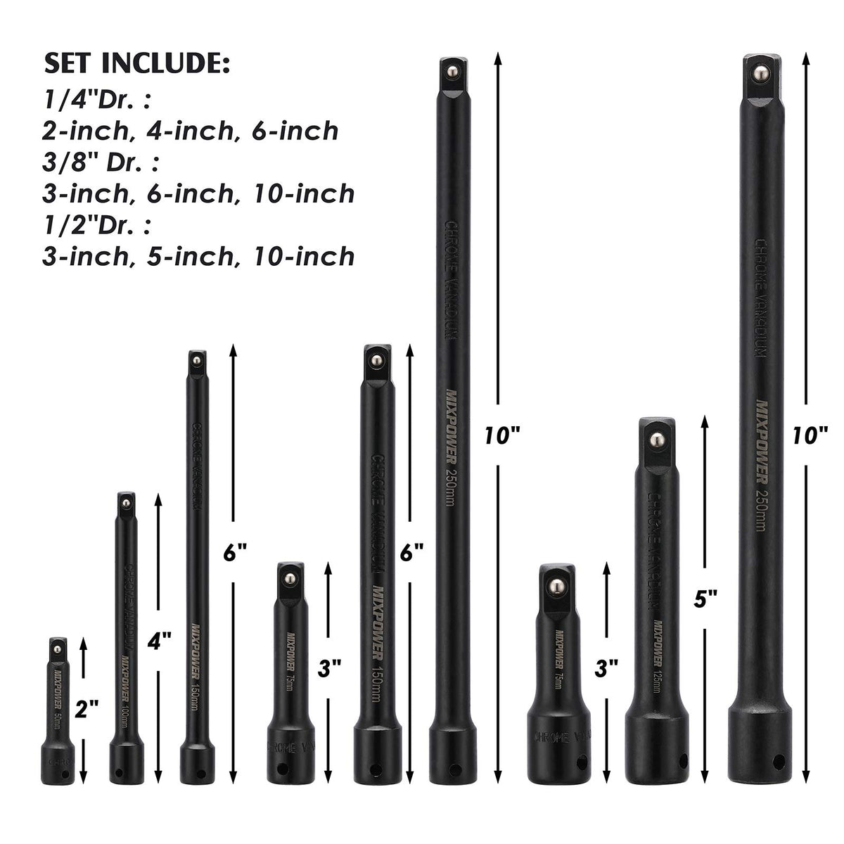 MIXPOWER three-eighths-inch 3-inch extension bar with secure fit