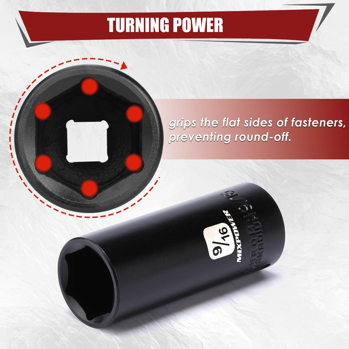 MIXPOWER sockets with laser-etched size markings for quick identification.