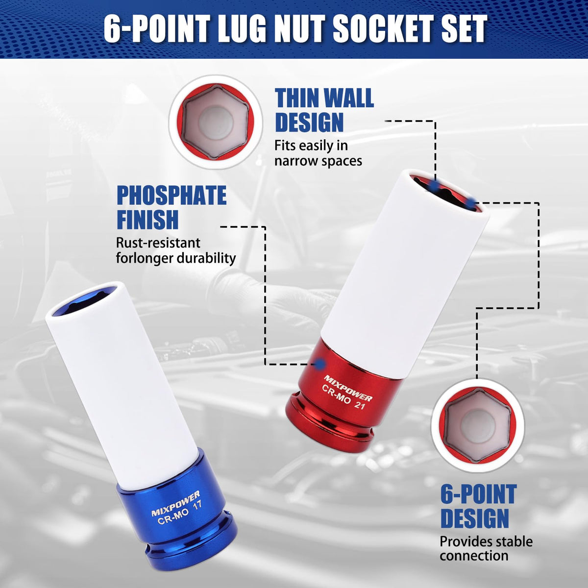 MixPOWER 19mm thin-walled socket guards bolt tops in tight spots