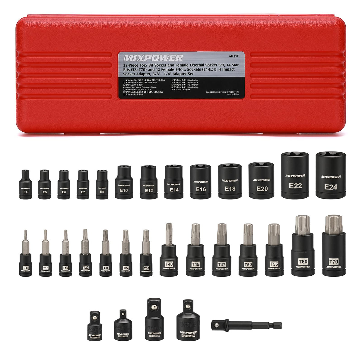 MIXPOWER torx bit socket set with T8–T70 bits for diverse fastening.