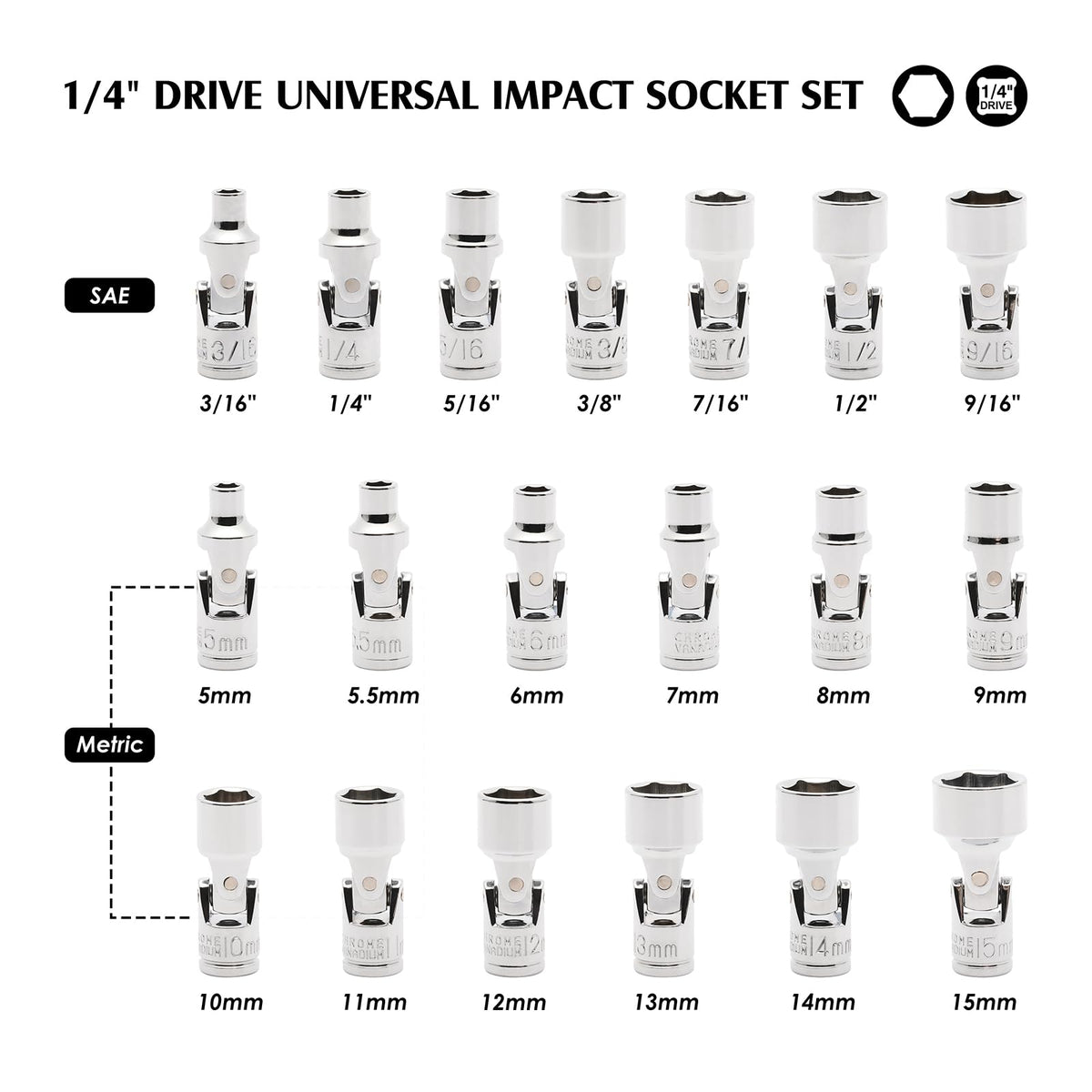 MIXPOWER universal joint sockets display metric size markings for fast identification.