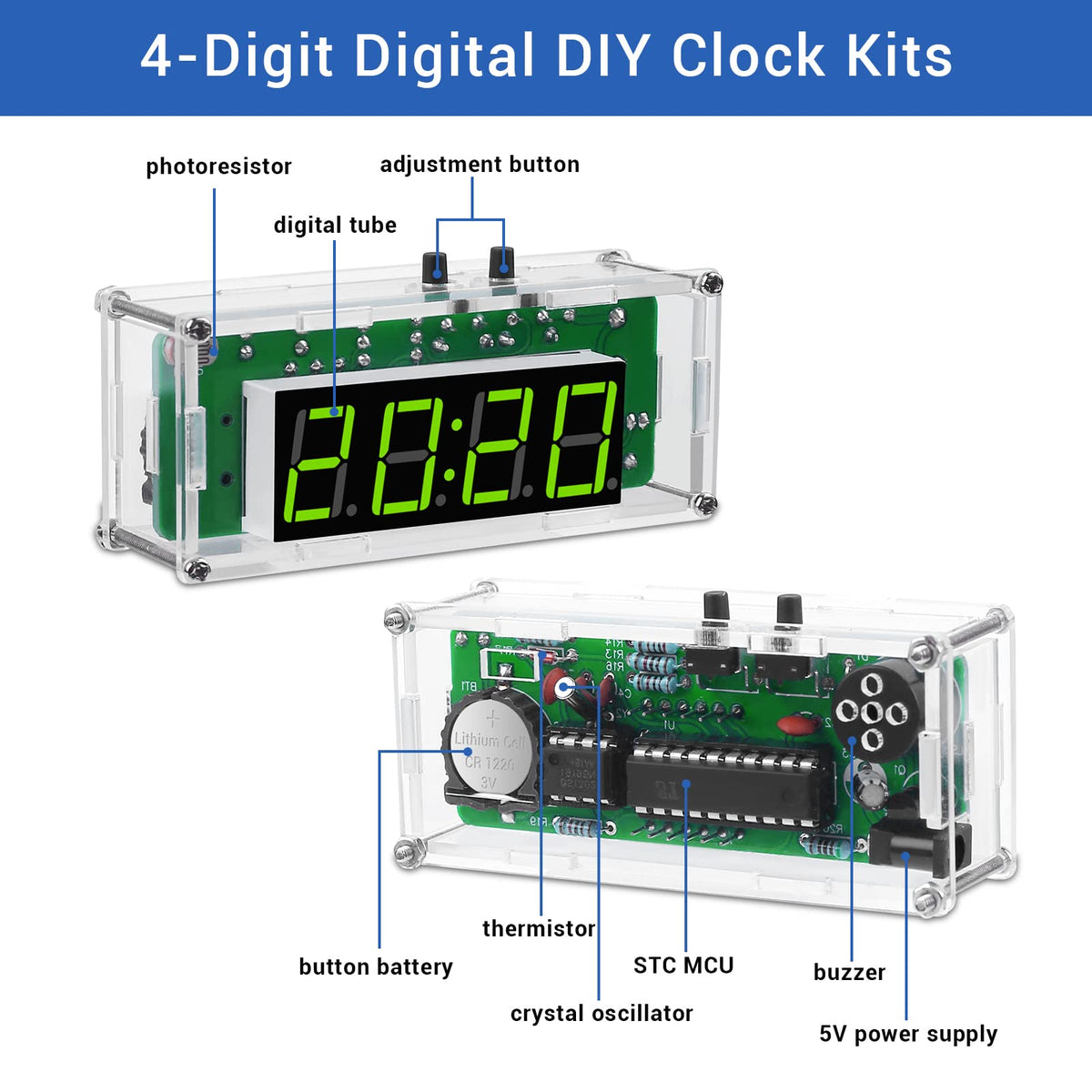 MiOYOOW clock board close-up shows solder joints and components