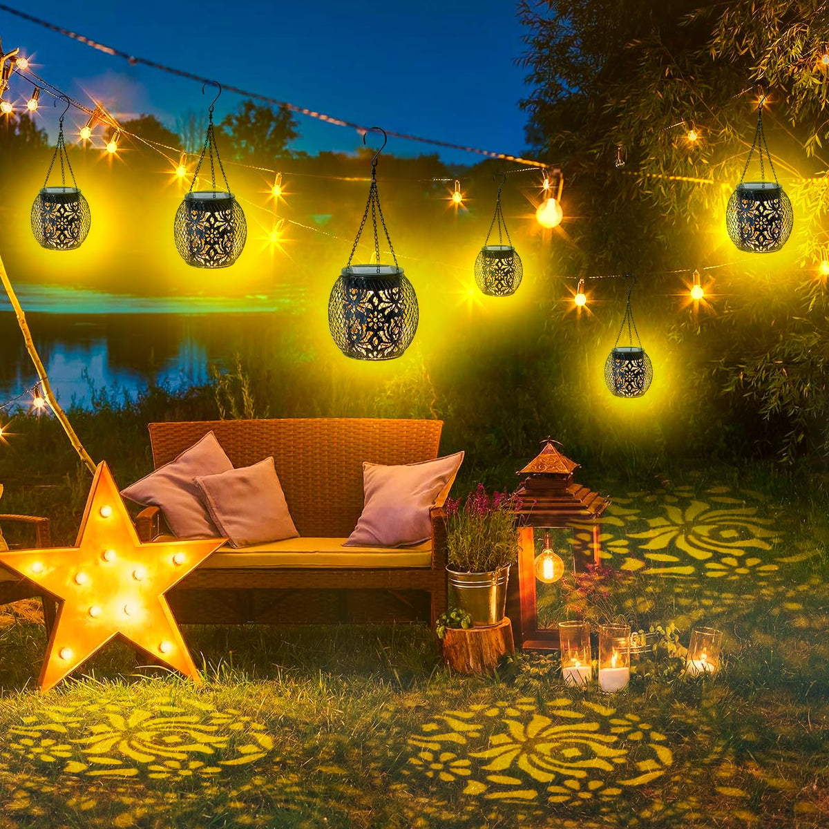 Mizmakp solar garden decor lanterns provide ambient glow without wiring.