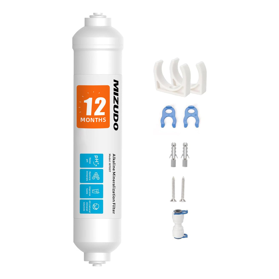 MIZUDO remineralization filter packaging showcases 12-month service life and large capacity for savings.