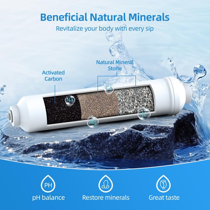 MIZUDO mineralization filter close-up highlights mineral media used for pH balancing.