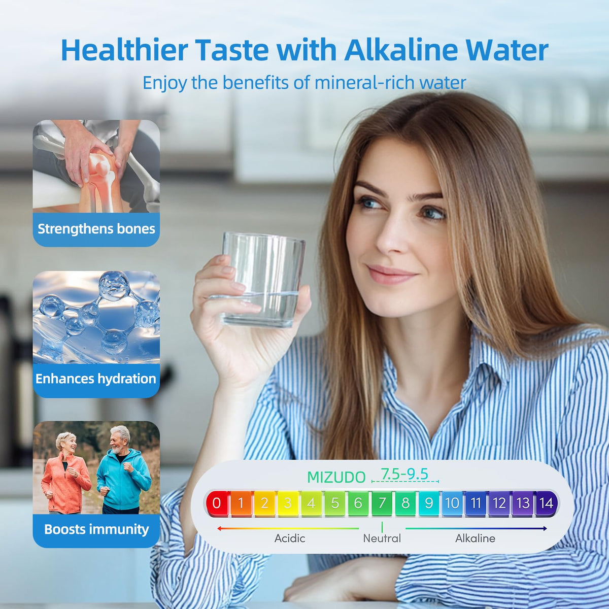 MIZUDO pH-balance detail illustrates natural mineral infusion.