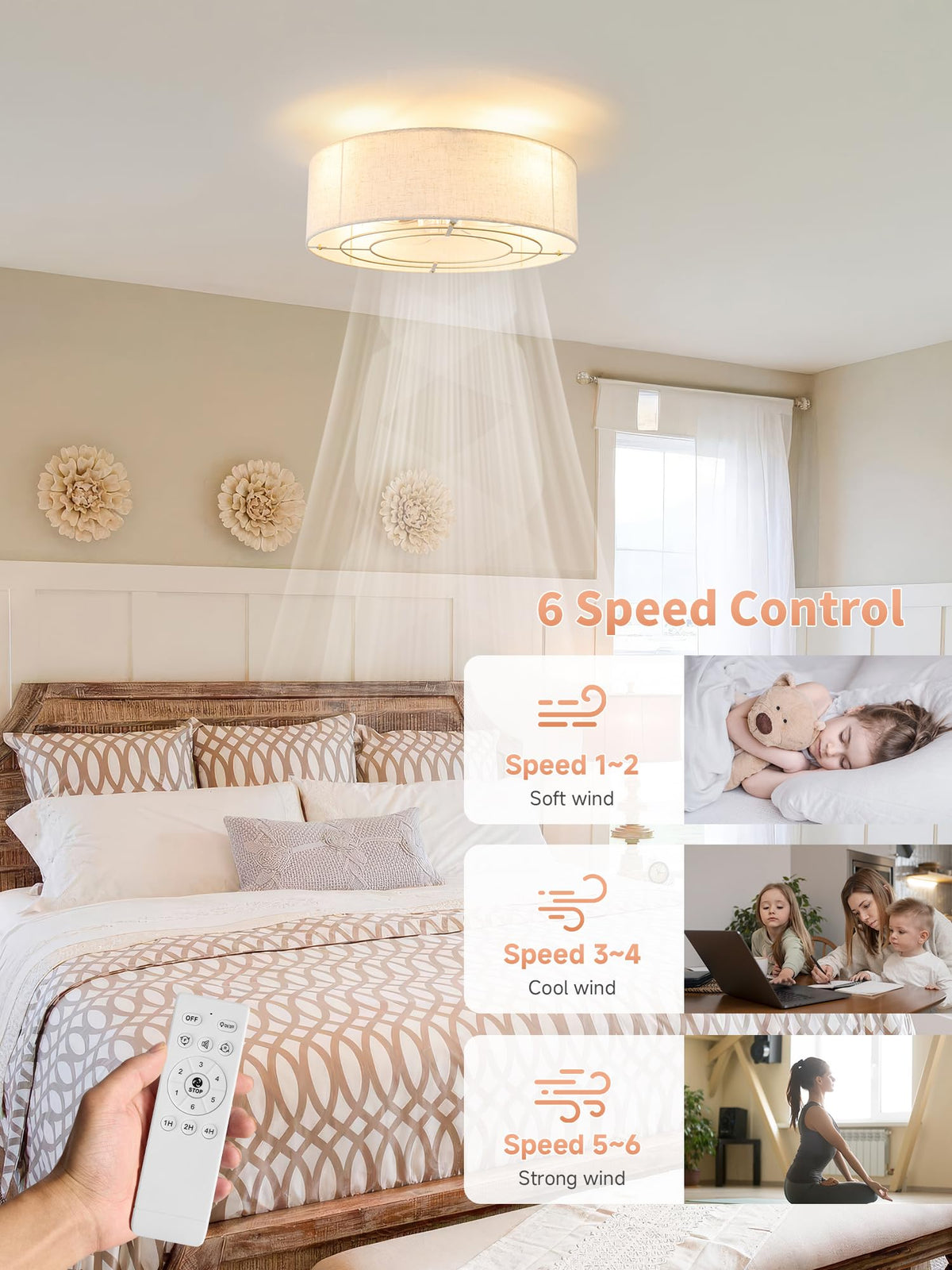 MizWacky boho ceiling fan light flush mount blends with ceilings.