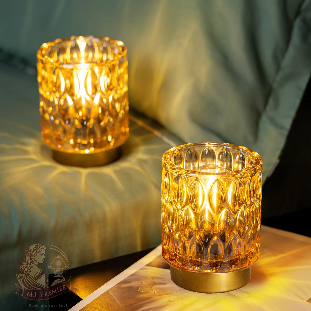 MJ Premier mini crystal lamp ambience on a coffee table creates sparkle.
