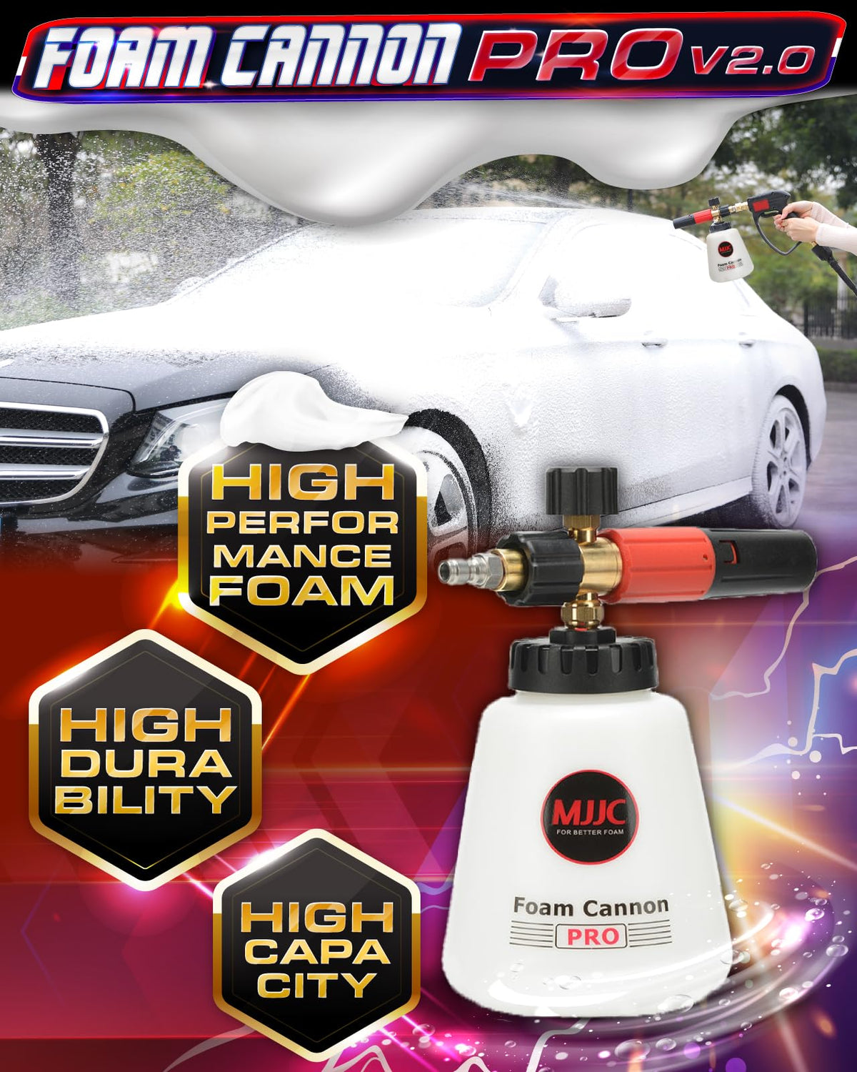 MJJC Foam Cannon Pro V2.0 bottle with 1200ml tank enables extended foaming
