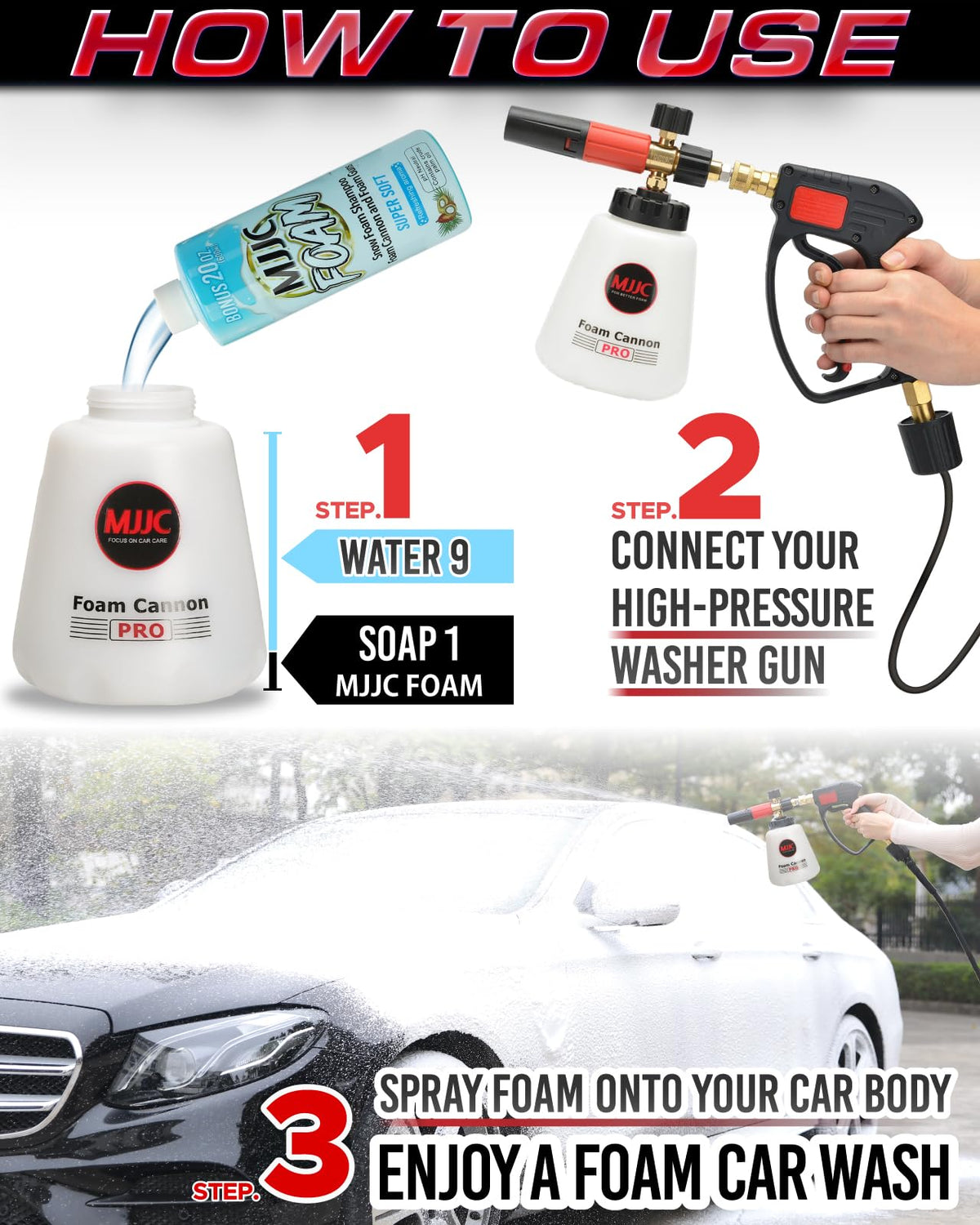MJJC Foam Cannon Pro V2.0 dense foam output for varied pressures