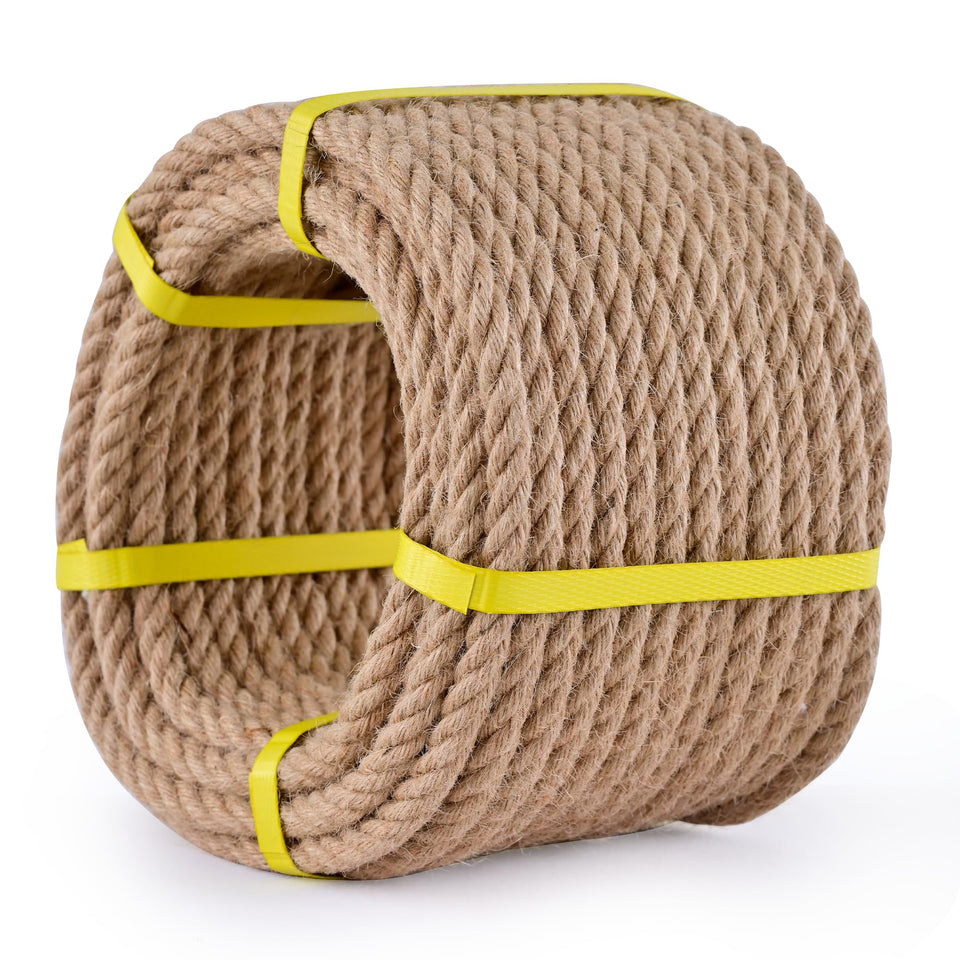 MKMJ jute rope for swing setup, strong natural fibers for outdoor use.