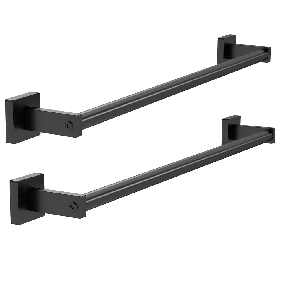 MKO 24-inch black towel bar, front view, two-pack for organized towels.