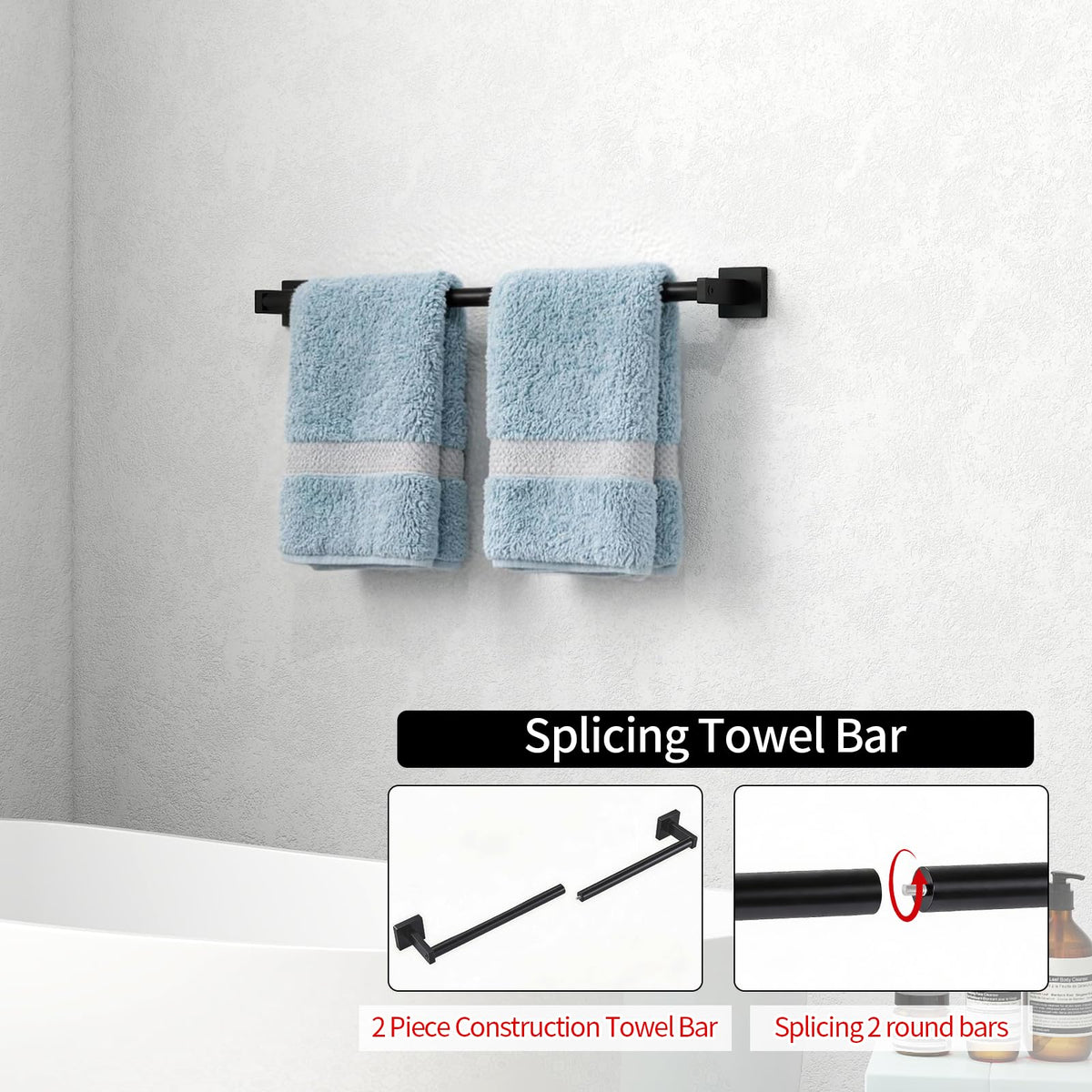MKO 24-inch black towel bar, side view, compact design saves wall space.