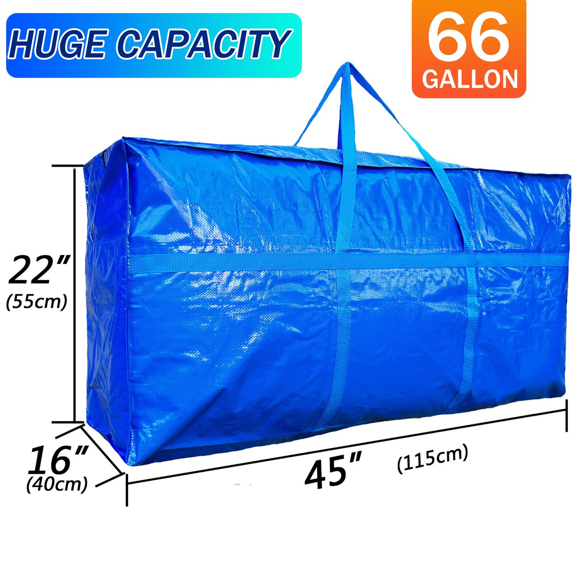 MKOKYD 66-gallon storage bag opened wide with zipper for easy packing.