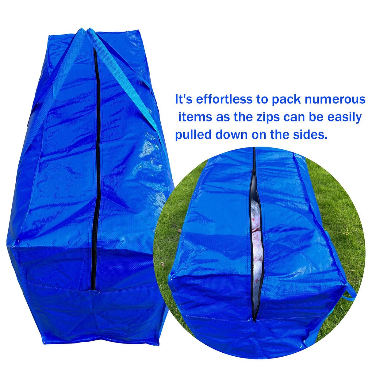 MKOKYD blue 66-gallon storage bag in use for bulky clothes and bedding.