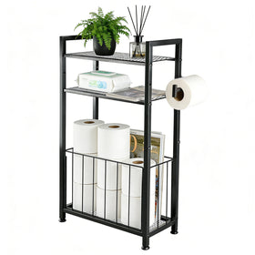 MKRBJ free-standing toilet paper holder with shelf keeps rolls ready and organized.