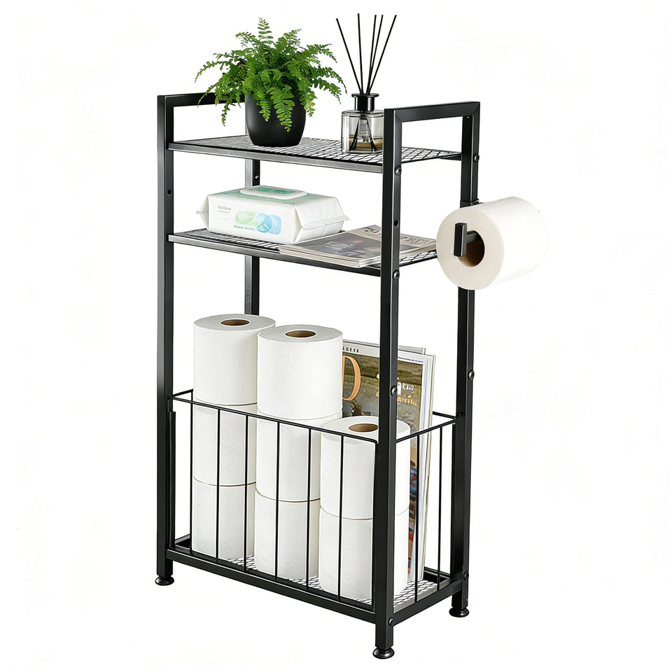 MKRBJ free-standing toilet paper holder with shelf keeps rolls ready and organized.