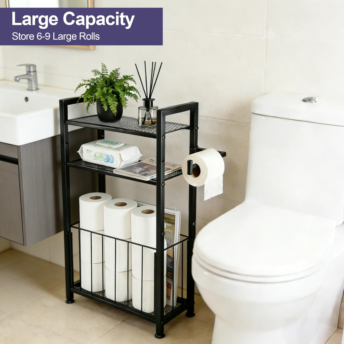MKRBJ toilet paper roll storage holder shows extra rolls for convenient refills.