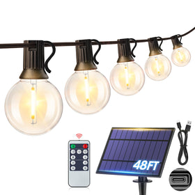 Mlambert 48ft solar string lights outdoors for warm patio ambience.