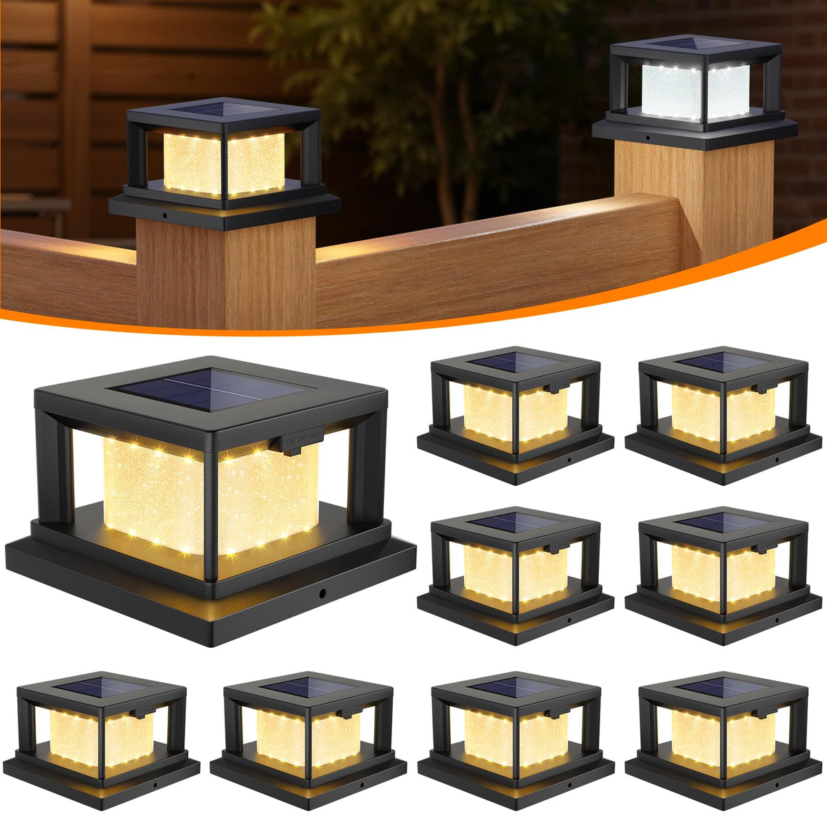 Mlambert 4x4 solar post cap light 8-pack illuminating outdoor fences and decks