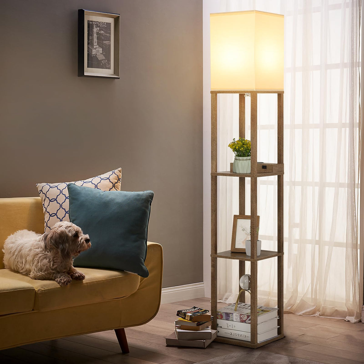 Mlambert floor lamp featuring USB-C port and two outlets for multiple devices