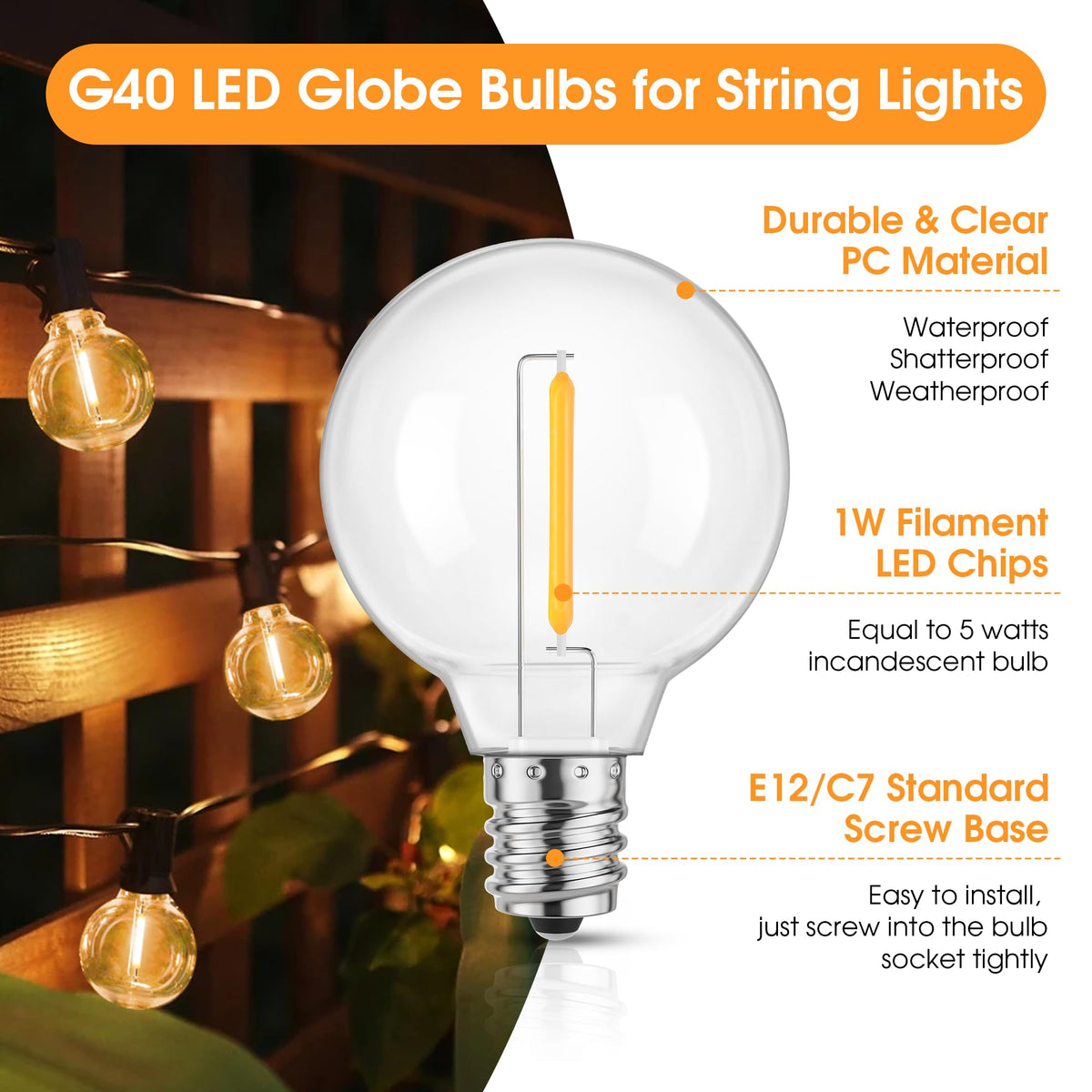 Mlambert G40 LED bulb close-up showing dimmable feature for adjustable outdoor lighting.
