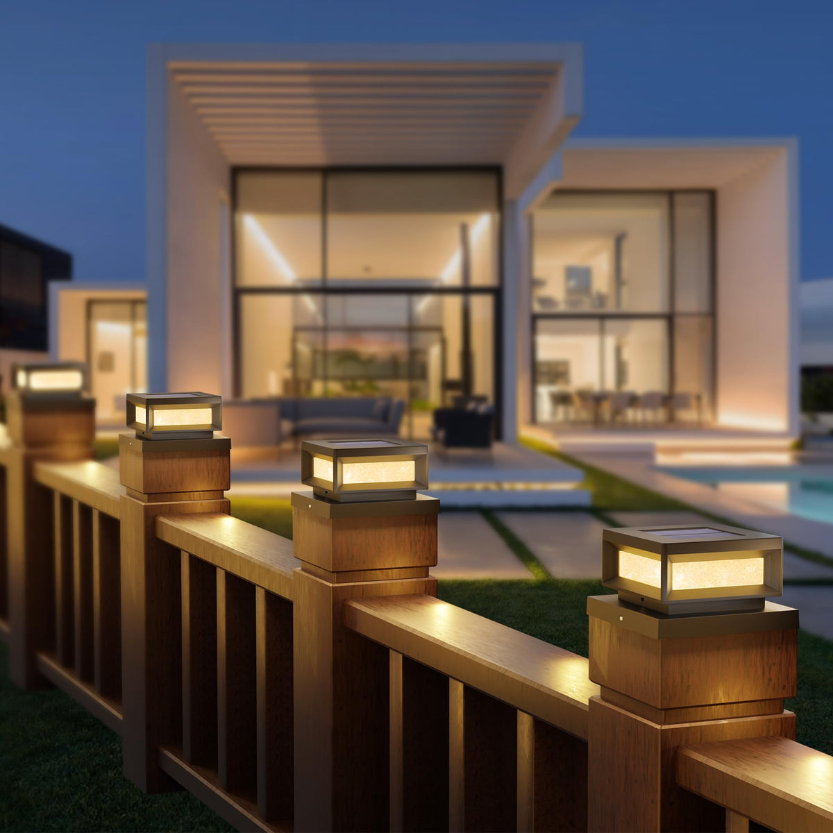 Mlambert solar post cap lights installed on wood posts for durable deck lighting