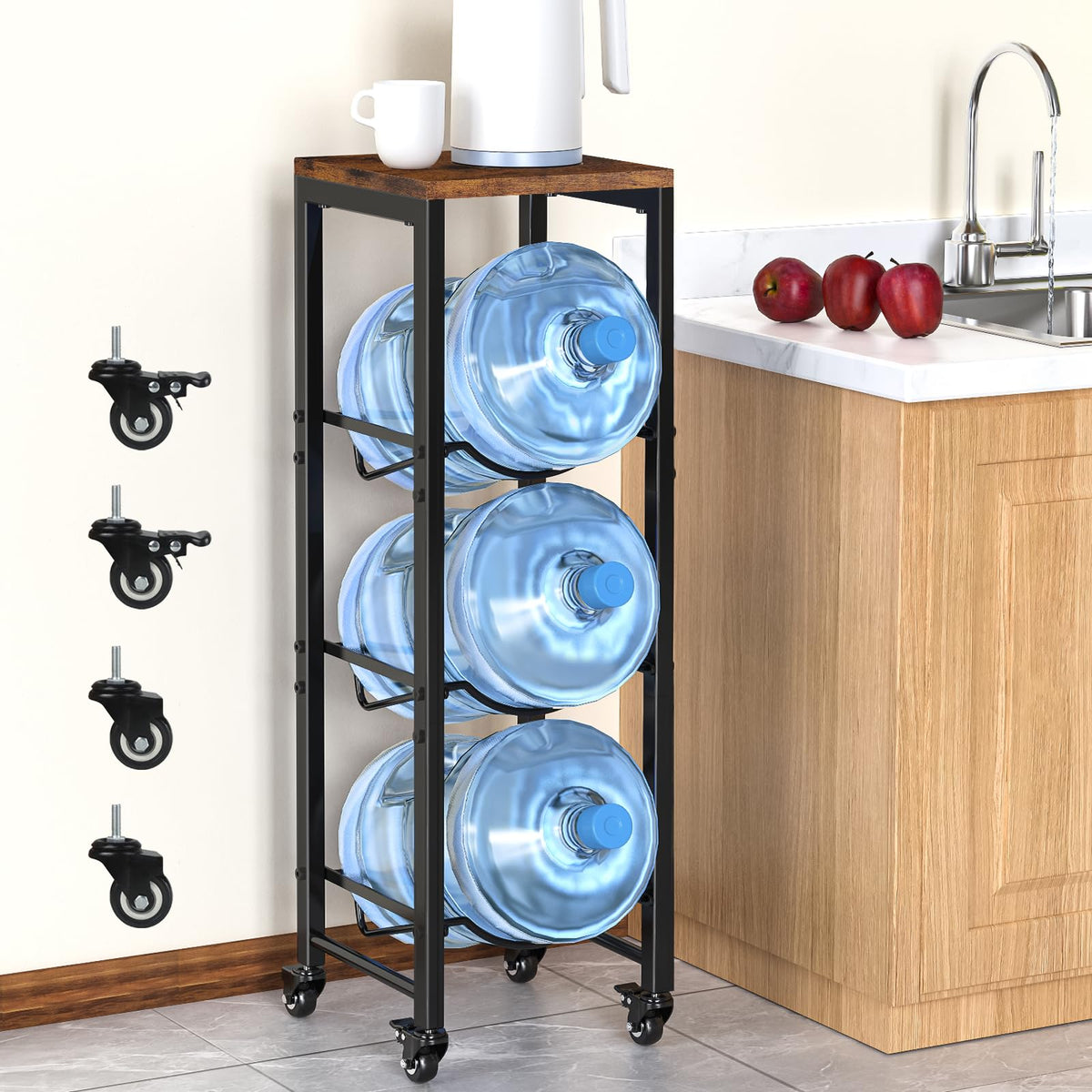 Mlinavn 5 gallon water jug holder front view shows movable wheels for easy repositioning.