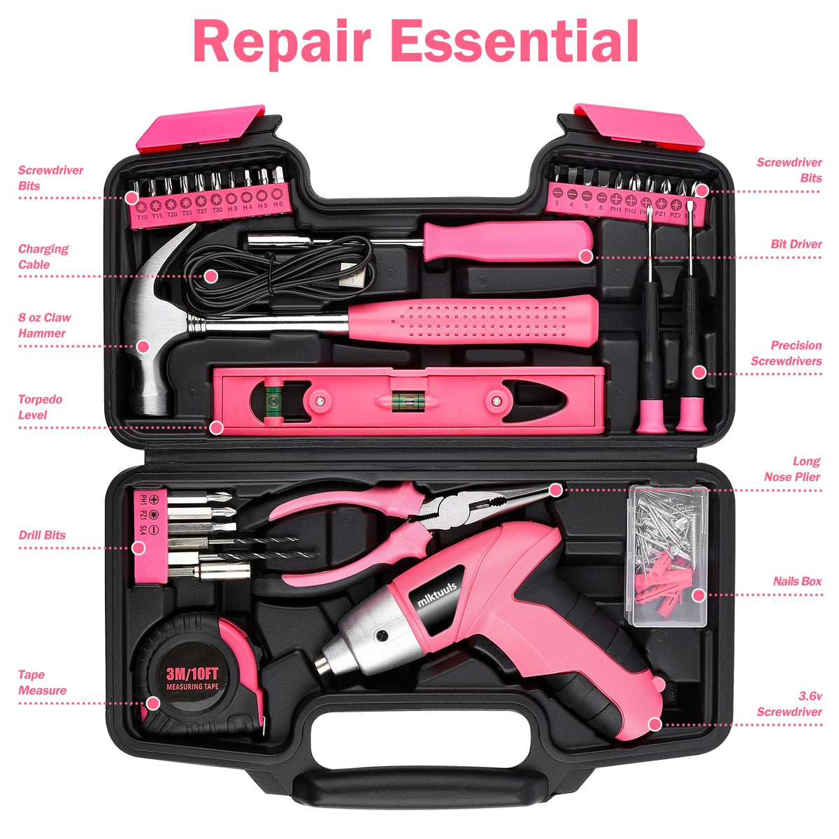MLKTUULS pink cordless screwdriver in hand highlights lightweight ergonomic design.