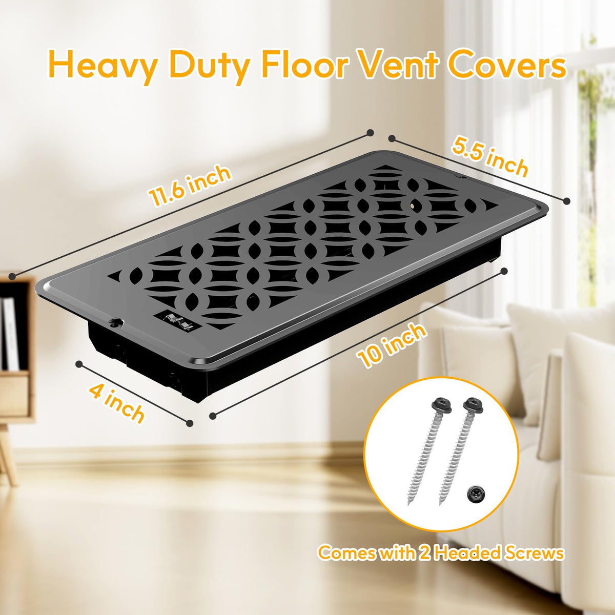 MMFSF 4x10 floor register installed to blend with decor and airflow.