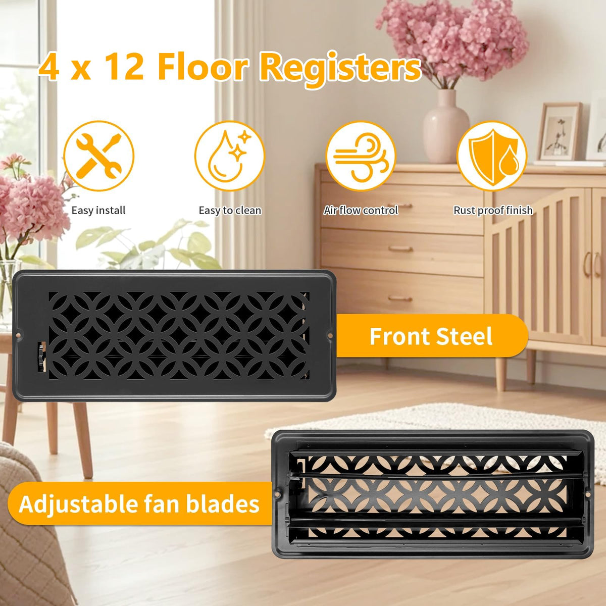 MMFSF floor vent cover 4x12 rust-proof steel emphasizes durability.