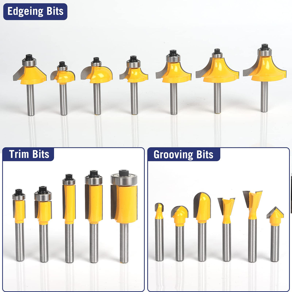 MNA carbide-tipped router bits provide sharp edges for smooth finishes.