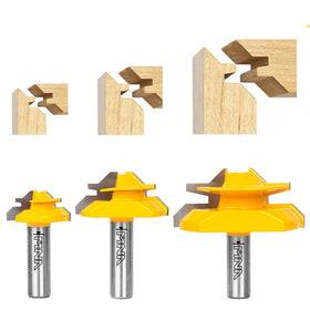 MNA Lock Miter 3-Piece Set closeup shows sharp carbide edges for clean joints
