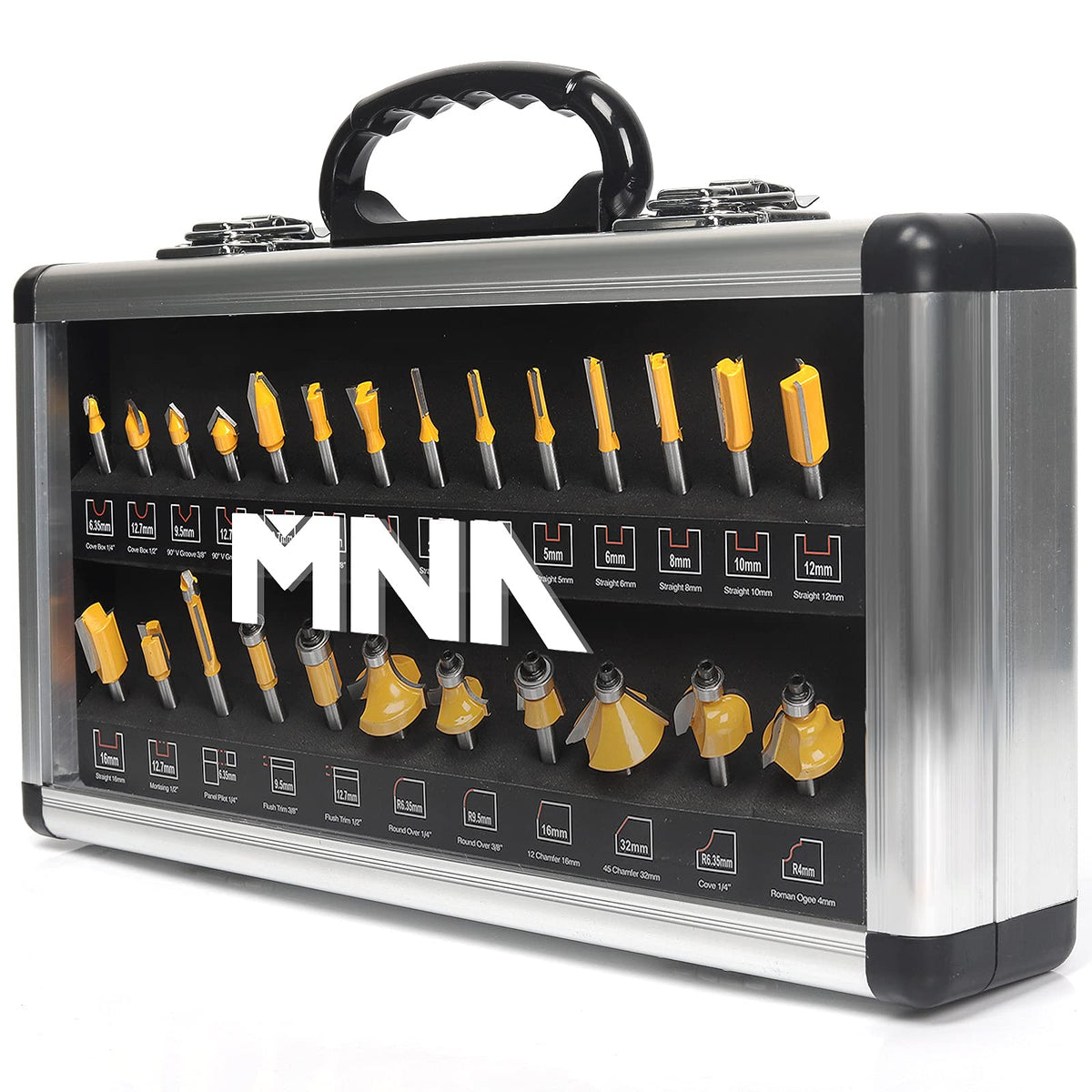 MNA router bit set 25 pieces in case for organized storage and quick access.