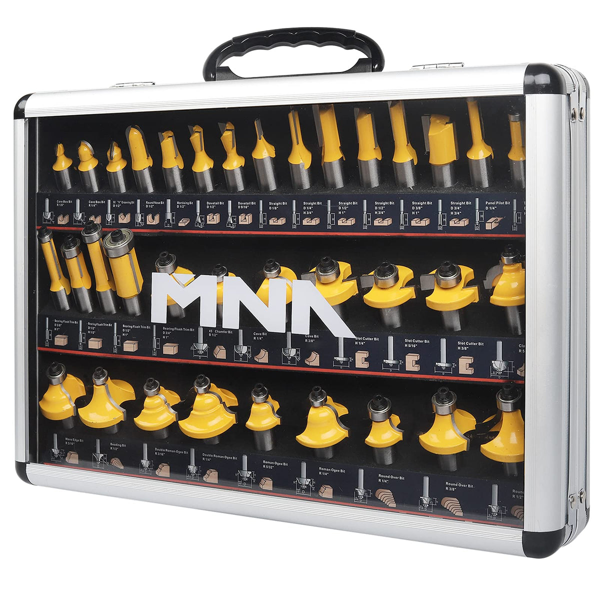 MNA Router Bits 35-Pcs set in aluminum case for easy organization.