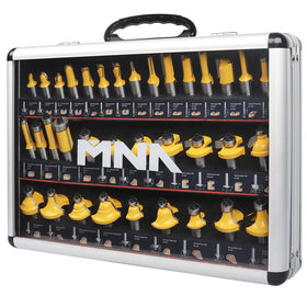 MNA Router Bits 35-Pcs set in aluminum case for easy organization.