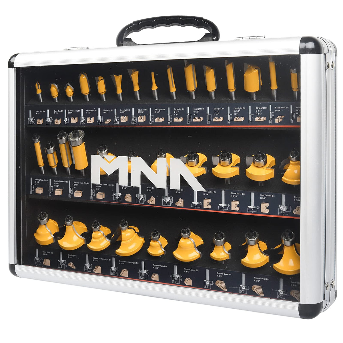 MNA Router Bits 35-piece set in aluminum case delivers precise cuts.