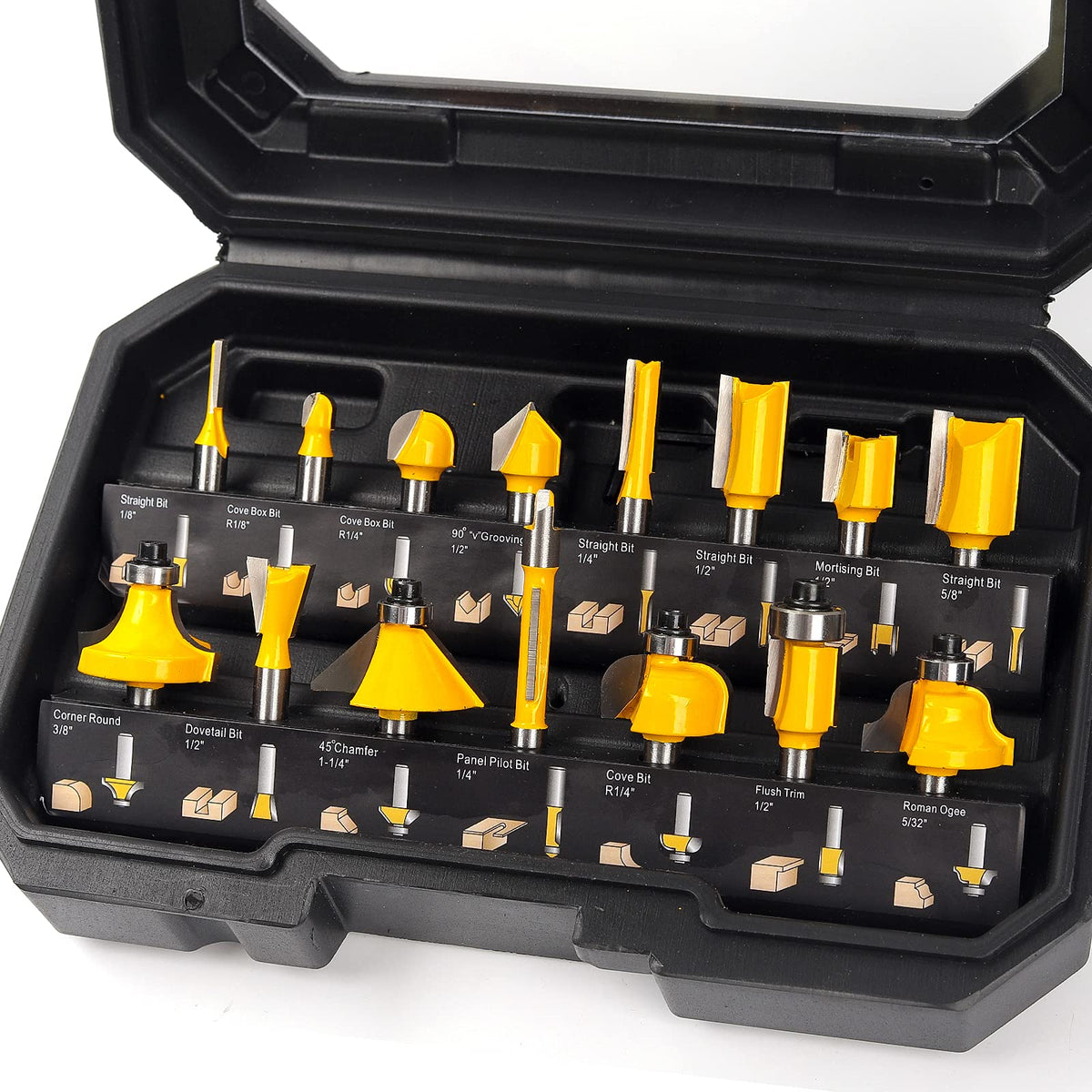 MNA router bits set 15 pieces 1-4 inch for precise cuts.