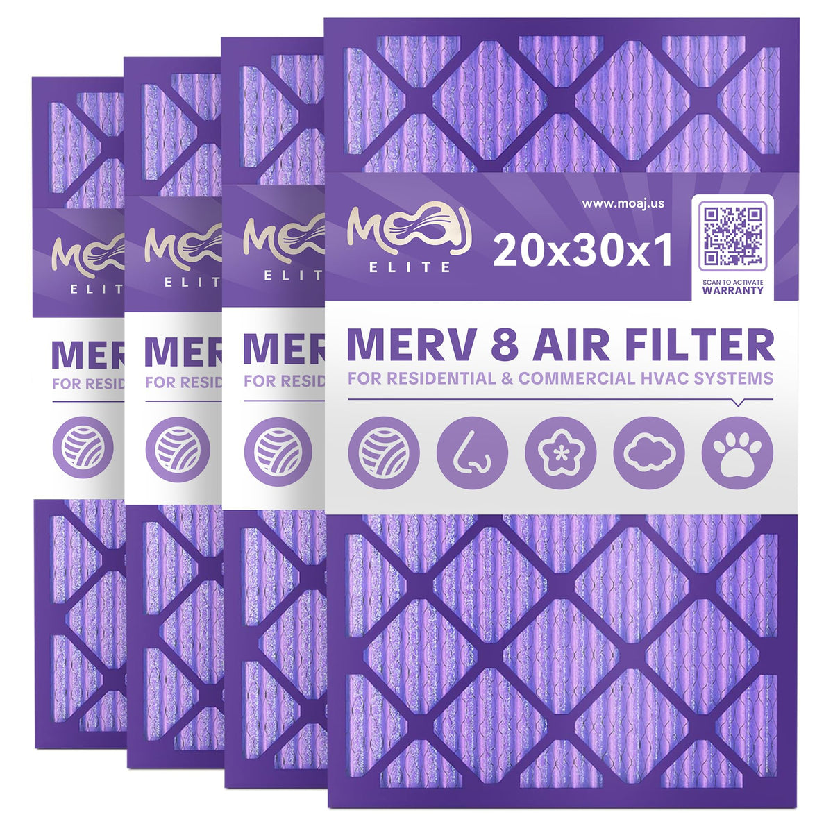 MOAJ 20x30x1 air filter 4-pack front view, pleated media for HVAC replacement