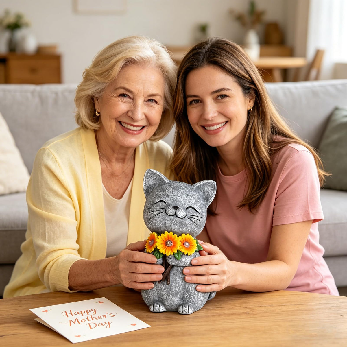 Mocosa cat statue with daisy detail; ideal for daytime sun-powered ambiance