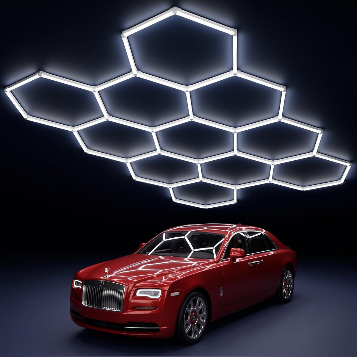 Modern 11-hexagon LED garage light grid providing bright, energy-efficient illumination.