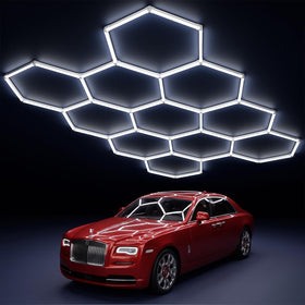 Modern 11-hexagon LED garage light grid providing bright, energy-efficient illumination.