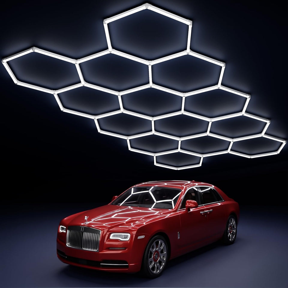 MODERN 14-Hexagon LED Garage Light front panel in a bright workspace