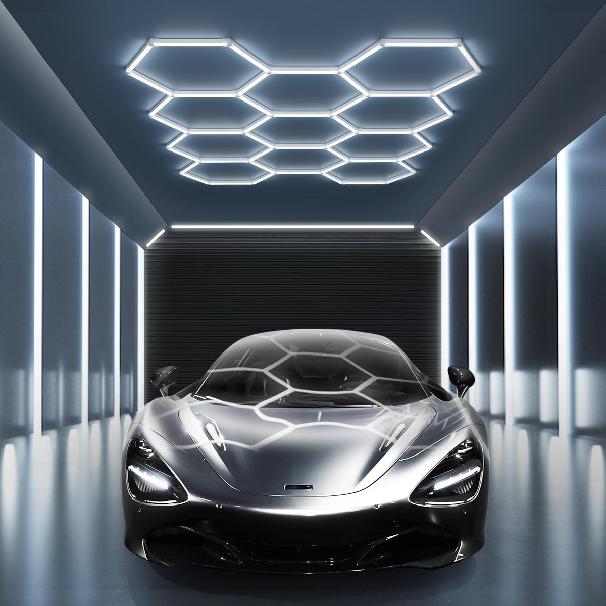 Modern 6500K natural white LED lighting for garages and shops.