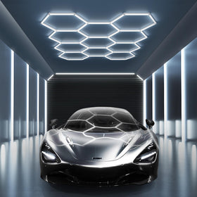 Modern 6500K natural white LED lighting for garages and shops.