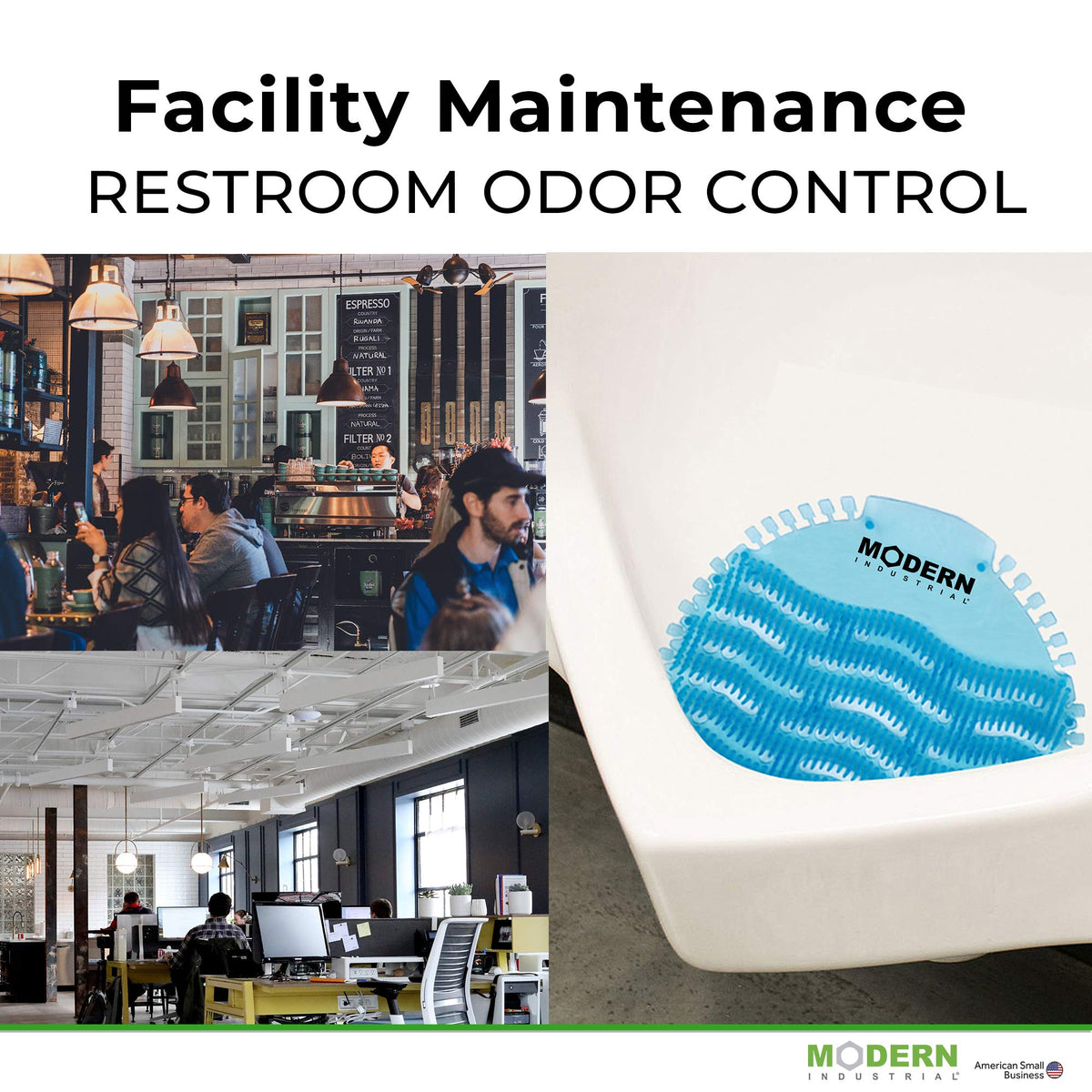 Modern Industrial restroom freshness is enhanced by a continuous deodorizing effect.
