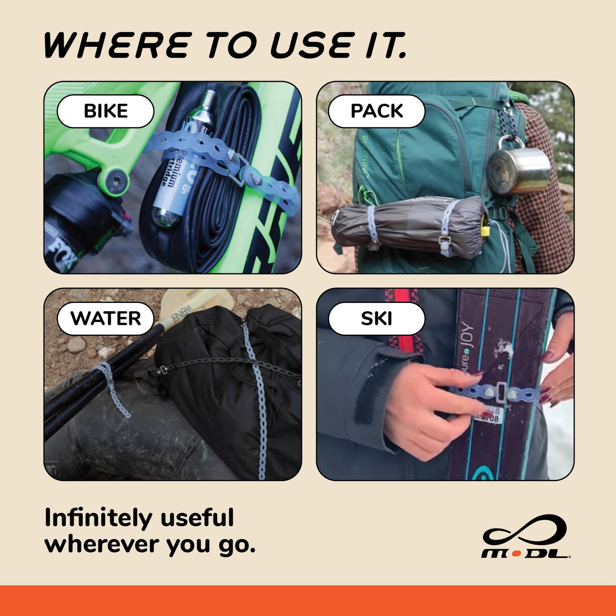 MODL Infinity Tool 2.0 attached to MOLLE gear for quick access.
