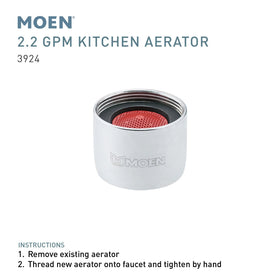 Moen 3924 chrome aerator installed on faucet demonstrating smooth 2.2 GPM flow.
