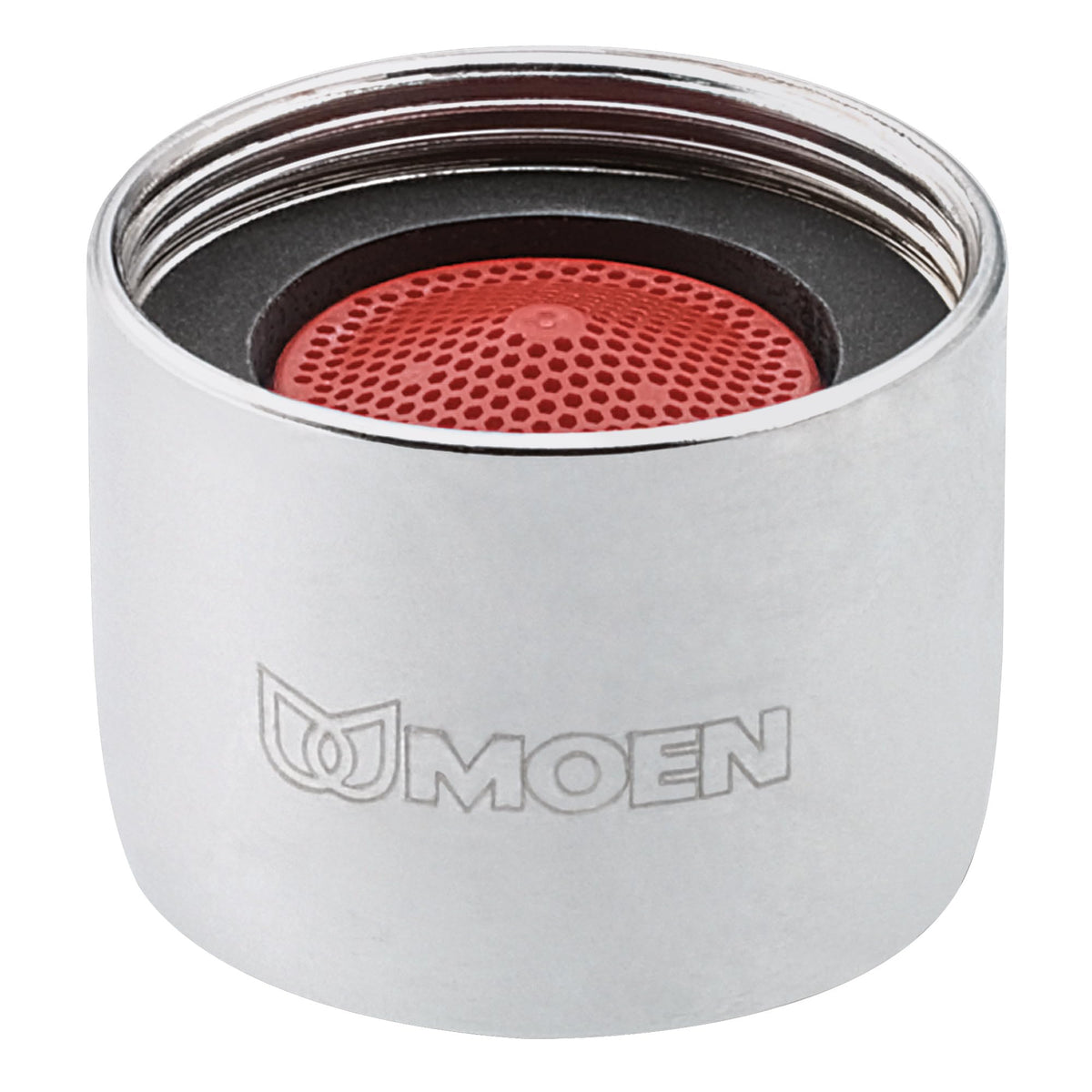 Moen 3924 chrome aerator close-up showing mirror-like finish and precision threading.
