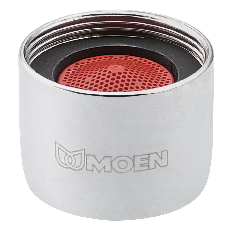 Moen 3924 chrome aerator close-up showing mirror-like finish and precision threading.